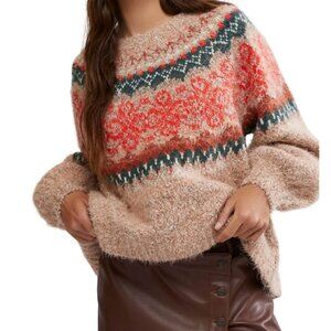 Free People Cream And Brown Crew Neck Sweater Size S